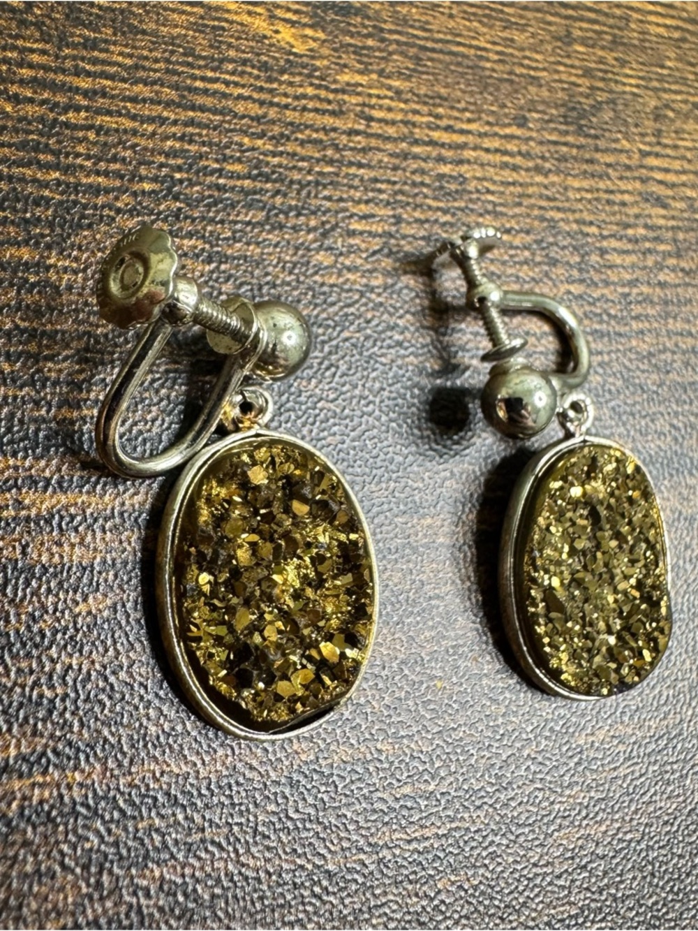 Gold Druzy Oval Screw-Back Earrings Sterling Silver Vintage - Women’s Jewelry
